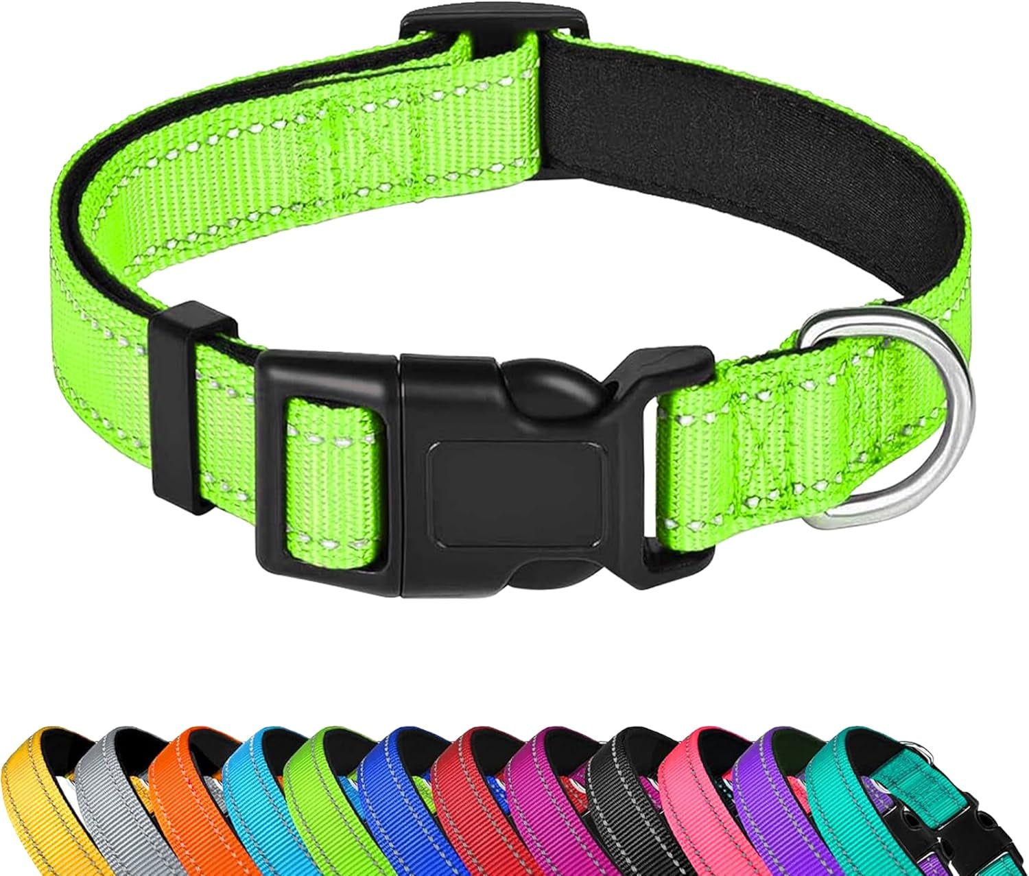 reflective-dog-collar-adjustable-soft-neoprene-padded-teal-m-breathable-nylon-for-medium-dogs-tear-resistant-webbing-chafe-free-on-walks-and-hikes-metal-d-ring-night-safety