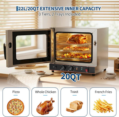 Commercial Countertop Convection Oven, 22L/20Qt 3-Tier Toaster Air Fryer, Stainless Steel Baking Roaster with Front Glass Door, 1440W, 30°C-300°C, Trays, Wire Racks, US Plug, 1.5M Cord, YS-CCO-1203