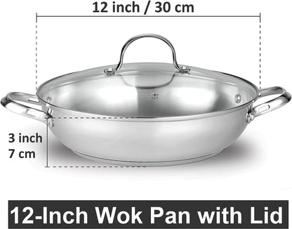 Classic 12-Inch Stainless Steel Wok Stir Fry Pan with Glass Lid, 30Cm Everyday Chef'S Pan with Two Side Handles, Induction Compatible Cookware, Dishwasher & Oven Safe2