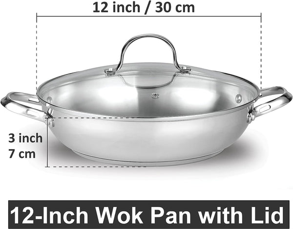 Classic 12-Inch Stainless Steel Wok Stir Fry Pan with Glass Lid, 30Cm Everyday Chef'S Pan with Two Side Handles, Induction Compatible Cookware, Dishwasher & Oven Safe2