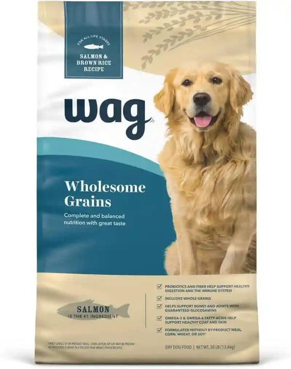 Amazon Brand - Wag Wholesome Grains Dry Dog Food with Salmon and Brown Rice, 30 Lb Bag (Pack of 1)1