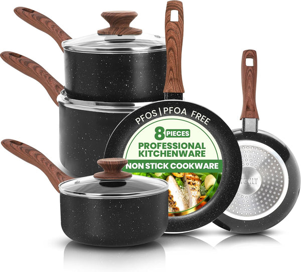 Granite Pots and Pans Cookware Set 8 Piece Pfoa-Free | 1 Qt 2 Qt 3 Qt Sauce Pan with Lids, 11 Inch 8 Inch Frying Pan, Induction Compatible, Non-Stick Coating, Durable Cookware1