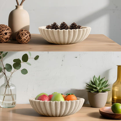 10'' Large Ruffle Decorative Fruit Bowl for Entryway Coffee Table Scalloped Purse Key Holder Kitchen Countertop Console Modern Organic Home Decor, Artificial Stone Beige5