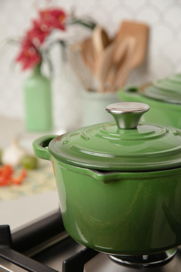 4-Piece Enameled Cast Iron Set, Oven Safe and Suitable for All Cooktops – Includes 5.7 Quart Dutch Oven Pot with Lid and 2.2 Quart Saucepan with Lid (Okra)8