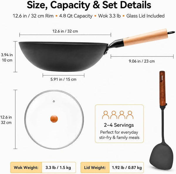 12.6 Inch Carbon Steel Wok Pan with Glass Lid and Spatula, Nitrided Flat Bottom Wok Set, Uncoated Stir Fry Pan for 2-4 Servings, Gas, Electric, Ceramic and Induction Cooktops2