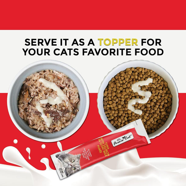 Fussie Cat Premium Tuna with Salmon in Goat Milk Puree, Lickable Cat Treats, 0.5Oz Pouch Pack of 43