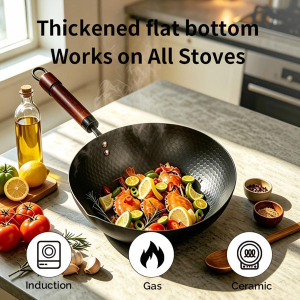 Cast Iron Wok, Frying Pan, Chinese Wok, Flat Bottom Cookware, Non-Stick Easy to Clean for Frying, Stir-Frying, Cooking, Pfoa-Free, Dishwasher Safe Compatible with All Kitchen (12.59-In)4