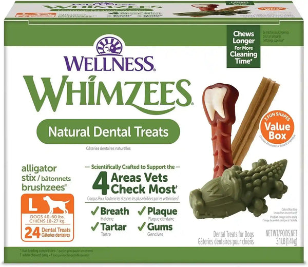 Wellness WHIMZEES Value Pack Natural Dog Dental Treat, Chews, Freshens Breath, Large Size, 50.9 Oz Box, 24 Count1