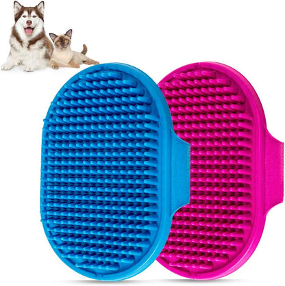 Dog Bath Brush Pet Bath Comb Brush Soothing Massage Rubber Comb 2Pcs with Adjustable Ring Handle for Long Short Haired Dogs and Cats (Blue+Rose)1