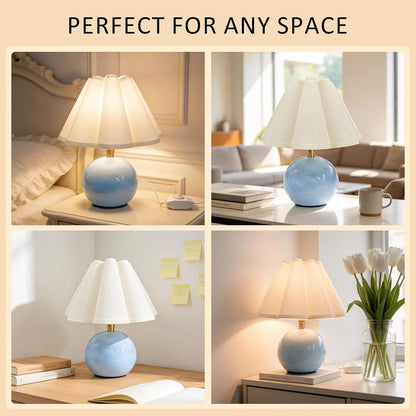 Small Bedside Table Lamp, 11.8'' Ceramic Stepless Dimmable Lamp (Blue) | with Scalloped Fabric Shade for Nightstand & Living Room. Perfect for Quiet Nights to Create a Cozy, Relaxing Atmosphere5