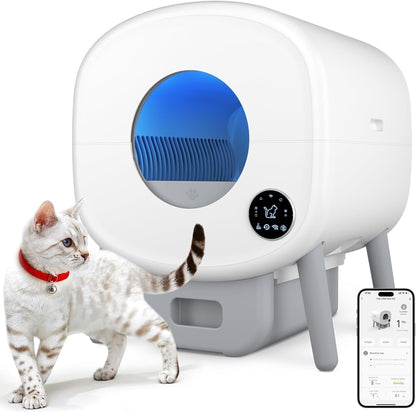 Cumrige Self Cleaning Litter Box, Large Capacity Automatic Cat Litter Box Self Cleaning for Cats, App Control,Safety Protection, 2 Roll Garbage Bags,White & Grey1
