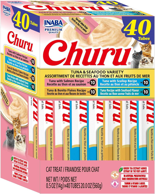 INABA Churu Cat Treats, Lickable, Squeezable Creamy Purée Cat Treat with Green Tea Extract & Taurine, 0.5 Ounces Each Tube, 50 Tubes, Tuna & Chicken Variety20