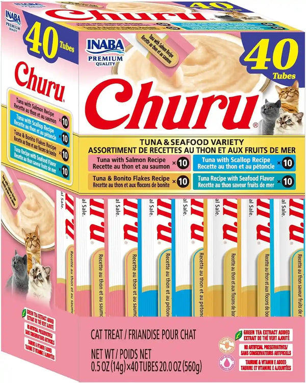 INABA Churu Cat Treats, Lickable, Squeezable Creamy Purée Cat Treat with Green Tea Extract & Taurine, 0.5 Ounces Each Tube, 40 Tubes, Tuna Variety Box20