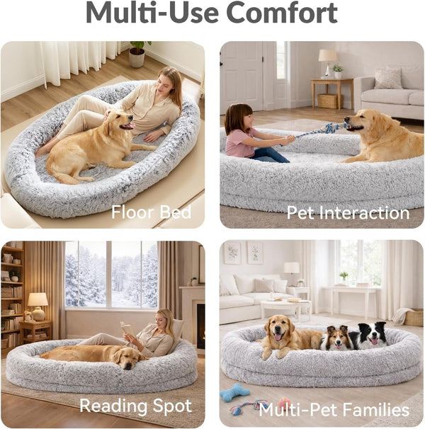 79"X44"X12.5" Human Dog Bed for Adult Faux Fur Washable Human Dog Bed Portable Handle, Egg Orthopedic Foam Human Bed Extra Large Grey6