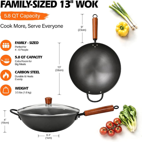 13In Carbon Steel Wok Pan with Glass Lid, Pre-Seasoned Flat Bottom Wok | Wok for Gas Electric Induction Cooktops,Naturally Seasoned Stir Fry Pan with Wooden Handle for BBQ Camping Everyday Cooking3