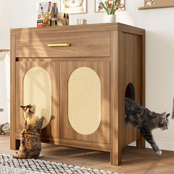 Cat Litter Box Enclosure Furniture, Hidden Litter Box Cabinet Cat House Side Table with Drawer & Sisal Scratch Pads, Wooden Pet Furniture for Living Room, Bedroom,Brown1
