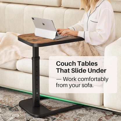 Adjustable Height C-Shaped End Table, 9-Level Side Table with Thickened Metal Rounded Edge, Couch Table Slides under Sofa or Bed, Eating, Working, TV Tray Table for Small Spaces, Brown6
