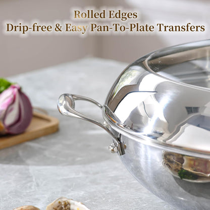 Tri-Ply Stainless Steel Wok Pan with Lid 14Inch, Healthy Non-Toxic Flat Bottom Induction Wok, Stir Fry Pan for Glass Top Stove up to 600℉(Not Including Lid7