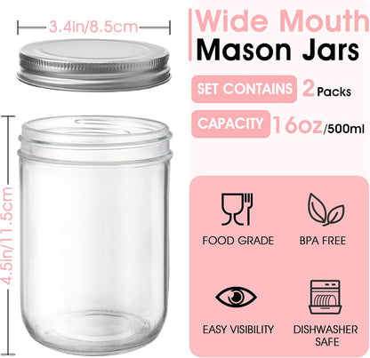 2 Pack Wide Mouth Mason Jars 16Oz - Airtight Glass Canning Jars for Food Storage, Meal Prep, Overnight Oats, Pickling, Salad & Wedding Favors (Leak-Proof Lids)2
