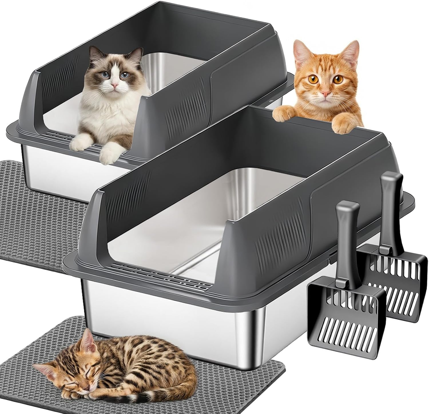 gimars-2-pack-xl-stainless-steel-cat-litter-box-for-big-senior-cats-multi-cat-metal-litter-pan-with-high-sides-odor-resistant-easy-clean-includes-litter-scoop-litter-mat-anti-slip-pads