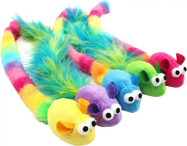 Jumpaws 5 Pack Interactive Catnip and Feather Cat Toys, Multi-Colored Mice with Long Feather Tail, Accessories for Indoor Cat, Catnip Plush Toys with Natural Feathers and Rattles2