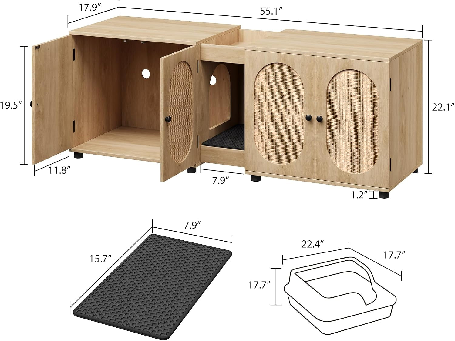 garvee-55-1-double-litter-box-enclosure-boho-cat-box-furniture-for-2-cats-cat-litter-box-furniture-hidden-with-cat-scratch-pad-large-indoor-pet-house-with-double-room-wood-color-double-room-design-fits-most-litter-boxes-built-in-litter-mat-double-roller-latch-storage-cubby-ventilated-cabinets