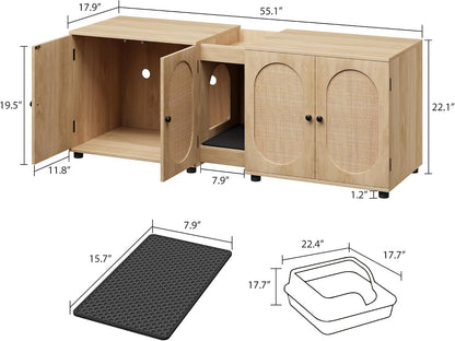 Garvee 55.1" Double Litter Box Enclosure, Boho Cat Box Furniture for 2 Cats, Cat Litter Box Furniture Hidden with Cat Scratch Pad, Large Indoor Pet House with Double Room, Wood Color | Double Room Design, Fits Most Litter Boxes, Built in Litter Mat, Double Roller Latch, Storage Cubby, Ventilated Cabinets7
