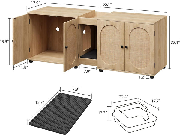 Garvee 55.1" Double Litter Box Enclosure, Boho Cat Box Furniture for 2 Cats, Cat Litter Box Furniture Hidden with Cat Scratch Pad, Large Indoor Pet House with Double Room, Wood Color | Double Room Design, Fits Most Litter Boxes, Built in Litter Mat, Double Roller Latch, Storage Cubby, Ventilated Cabinets7
