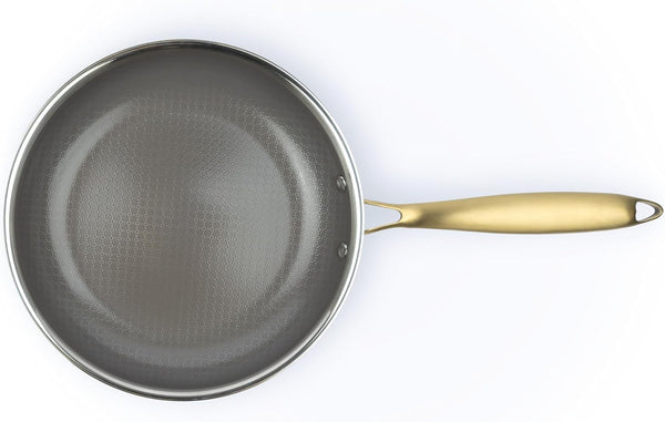 Geoclad Ceramic Hybrid Non-Stick 10" Fry Pan – Stainless Steel Sear Surface, Geometric Pattern, Tri-Ply Clad Body, Pfoa-Free, Coffee Gray/Gold2
