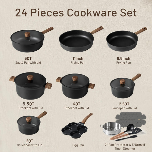 24Pcs Nonstick Cookware Sets, Pots and Pans Set | Titanium Infused, Ultra Durable, Fast & Even Heating, Easy Clean, All-Stovetop Compatible, with 6.5-Qt Stockpot & Egg Pan2
