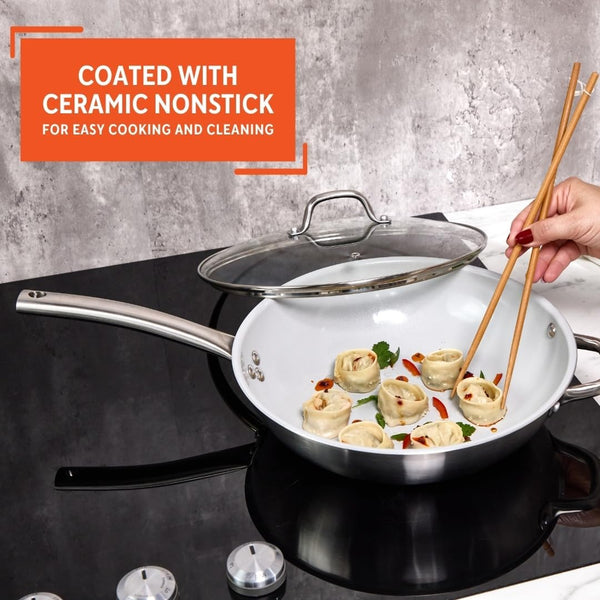 12 Inch 2 Ply Aluminum Ceramic Wok with Glass Lid, Gray | Ceramic Nonstick Interior, 2 Ply Construction, Long and Helper Handles, Ideal for Fried Rice, Noodles and Everyday Cooking5