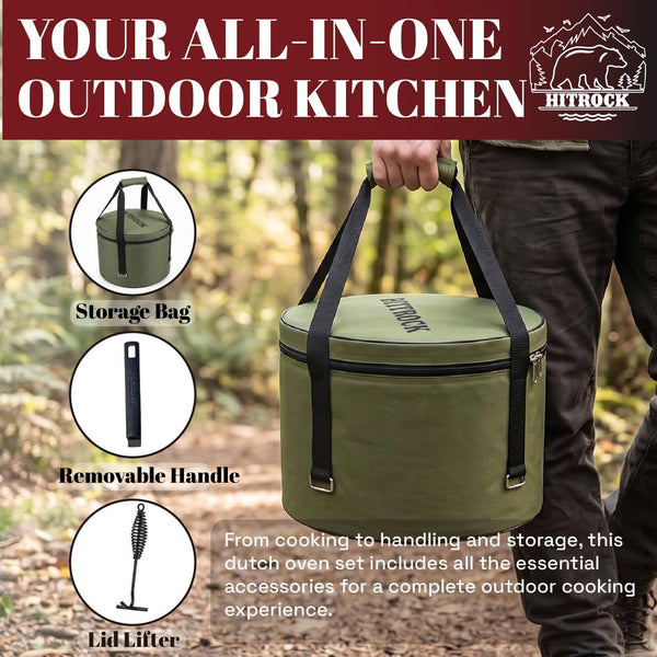 Cast Iron Camp Dutch Oven with Legs 9QT, Pre-Seasoned Camping Dutch Oven with Lid, Outdoor Pot with Lid Lifter, Storage Bag & Handle for Camping, Baking, Grilling, Rounded-Square Shape3