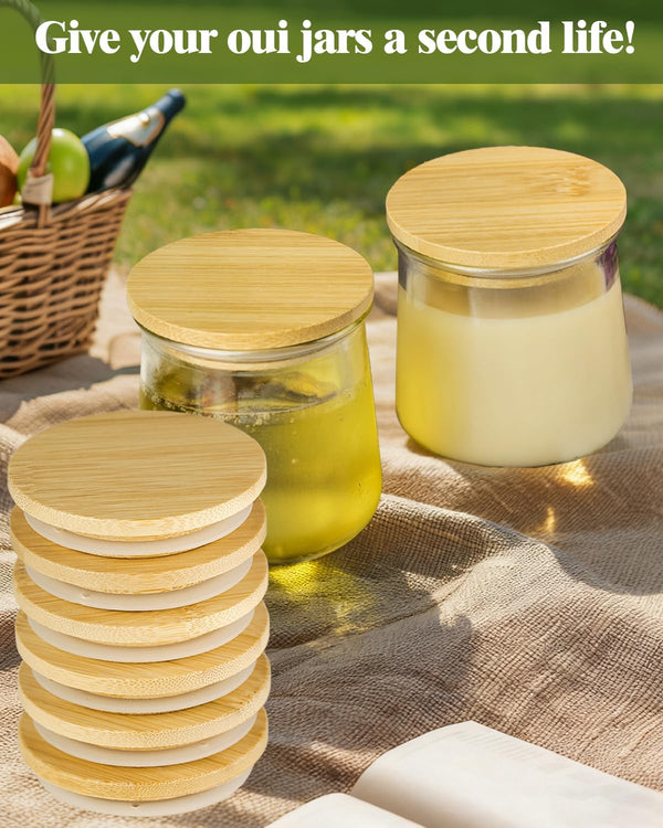 8 Pack Oui Yogurt Jar Lids with 8 Labels, Food-Grade Bamboo Lids for 5Oz Oui Yogurt Jars, Reusable Wooden Canning Covers Perfect for Oui Yogurt Bottle with Airtight Seal Ring(Jar Not Included)4
