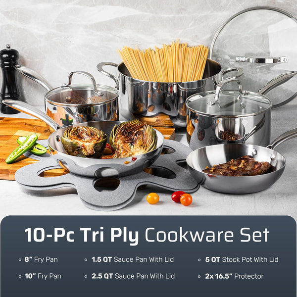 10 Pcs Tri Ply Stainless Steel Cookware Set, Pots and Pans Set with Induction Bottom, Made without PTFE PFOA PFOS, Metal Utensil Safe, Oven and Dishwasher Safe2