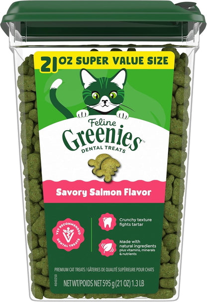 Greenies Feline Natural Crunchy Dental Cat Treats, Salmon Flavor, 21 Oz | #1 Vet-Recommended, Clinically-Proven Oral Care, 36% Less Tartar in 28 Days, Cleans to Gumline, Natural Ingredients1
