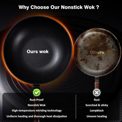 2 PCS Carbon Steel Wok -13 Inch Woks & Stir-Fry Pans Nonstick, Wok Pan with Glass Lid Spatula and Dish Brush: Pre-Seasoned Flat Bottom Chinese Wok for Induction, Electric, Gas, All Stoves4