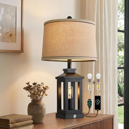 23.75" Retro Farmhouse Black Table Lamp for Living Room Bedroom Nightstand | Touch Control Bedside Nightlight Vintage Modern Lamp with USB C+A Ports and 2 Light Sources, Rustic Lamp, Bulbs Included1