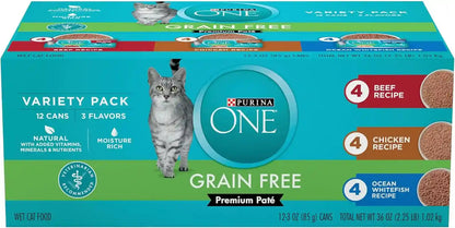 Purina ONE Grain Free, Natural Pate Wet Cat Food Variety Pack, Beef, Chicken and Ocean Whitefish Recipes - (2 Packs of 12) 3 Oz. Pull-Top Cans1