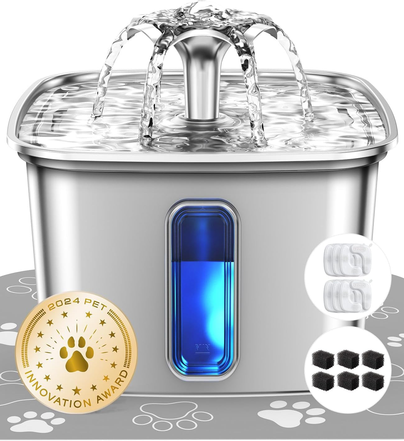 veken-innovation-award-winner-stainless-steel-cat-water-fountain-108oz-automatic-pet-fountain-dog-water-dispenser-with-3-replacement-filters-silicone-mat-gifts-for-cats-dogs-silver