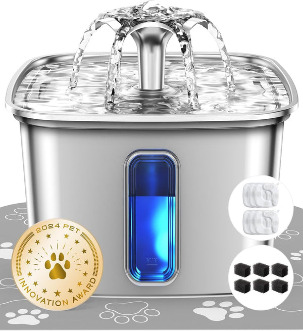 Veken Innovation Award Winner Stainless Steel Cat Water Fountain, 108Oz | Automatic Pet Fountain Dog Water Dispenser with 3 Replacement Filters & Silicone Mat, Gifts for Cats, Dogs (Silver)14
