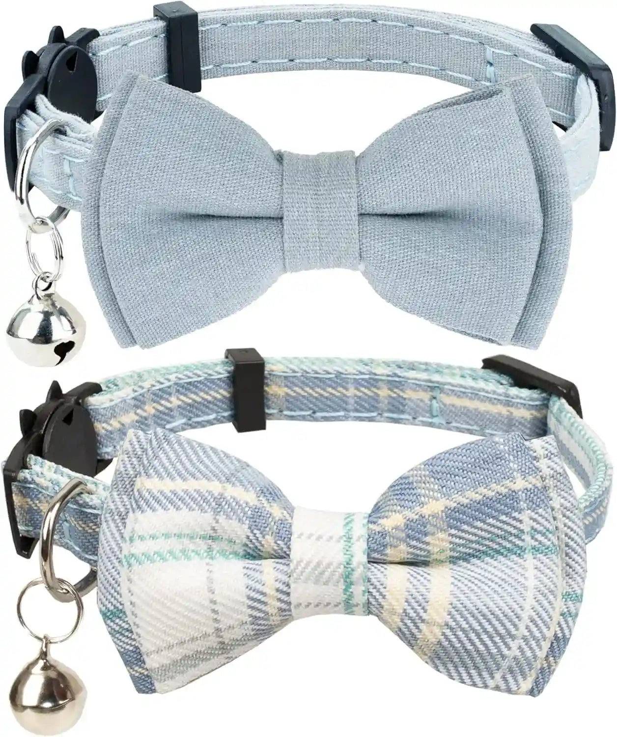 cat-collar-breakaway-bowtie-safety-with-bell-adjustbale-kitten-puppy-solid-plaid-color-set-d-2pcs-pink-2