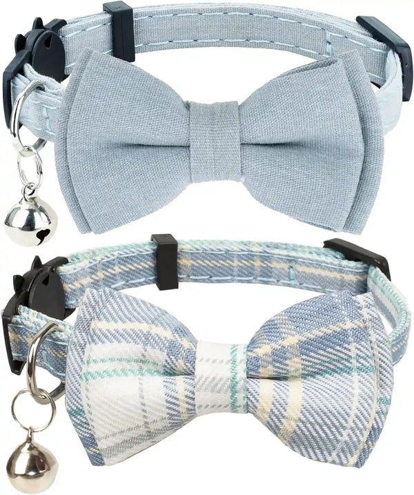 Cat Collar Breakaway Bowtie Safety with Bell Adjustbale Kitten Puppy Solid Plaid Color Set D-[2Pcs] Pink-214