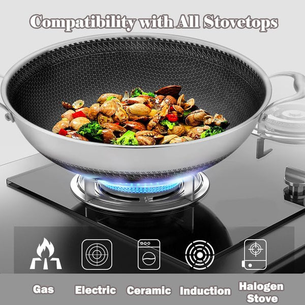 Tri-Ply Stainless Steel Wok Pan with Lid and Steamer Basket,Hybrid Woks & Stir-Fry Pans Nonstick with Double Handles,Induction Large Saute Pan Deep Frying Pan,17.3Inch Wok with Steamer3