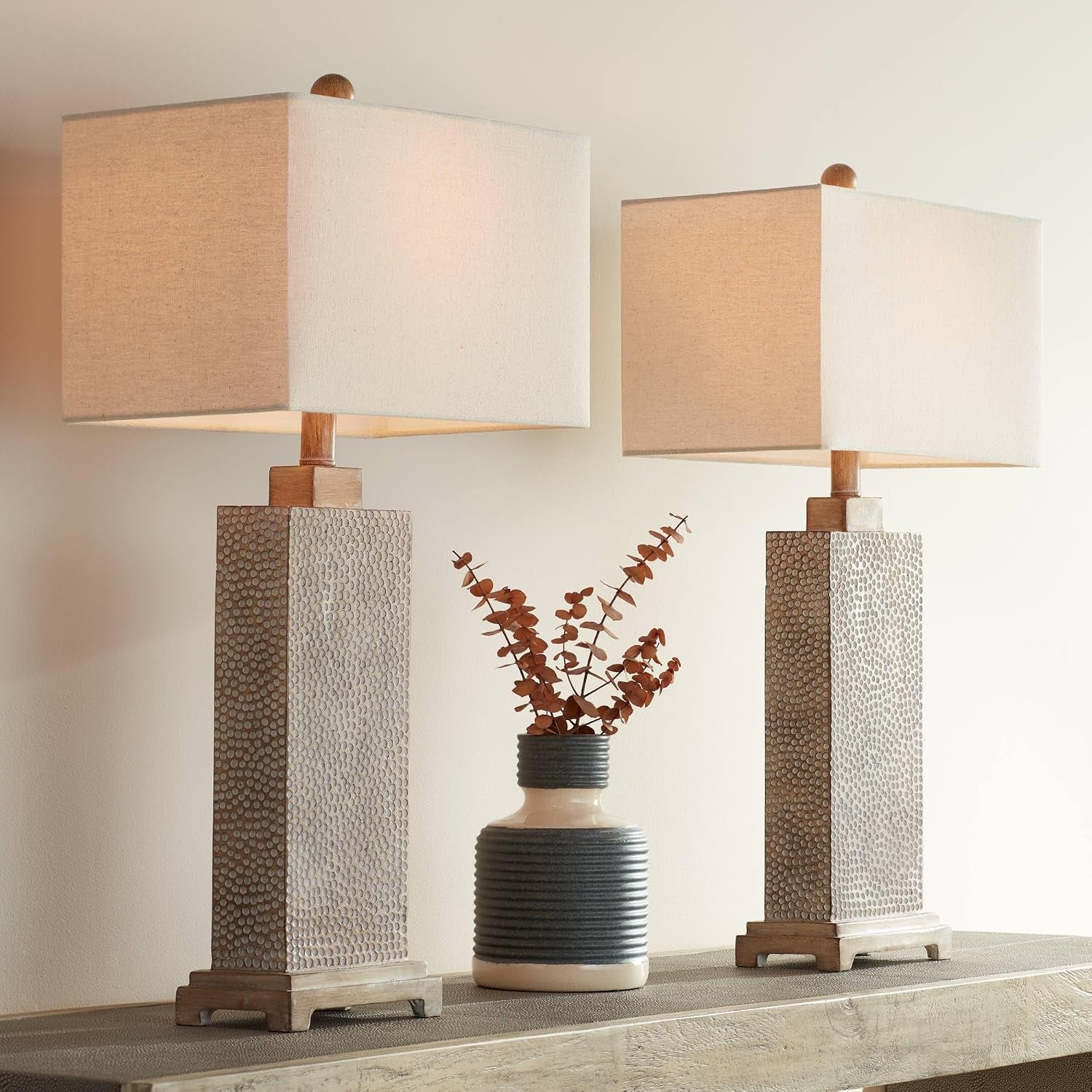 caldwell-26-3-4-tall-table-lamps-set-of-2-hammered-base-farmhouse-rustic-faux-wood-earth-bedroom-living-room-house-home-bedside-nightstand-office-family-oatmeal-rectangular-shade
