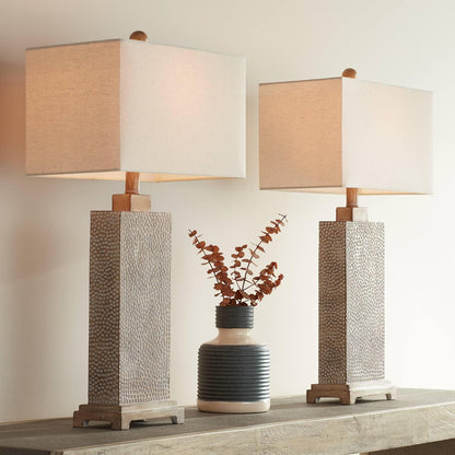 Caldwell 26 3/4" Tall Table Lamps Set of 2 Hammered Base Farmhouse Rustic | Faux Wood Earth Bedroom Living Room House Home Bedside Nightstand Office Family Oatmeal Rectangular Shade1
