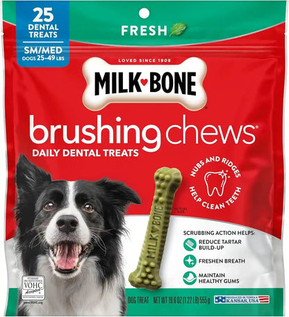 Milk-Bone Brushing Chews, Small/Medium, Fresh Flavor, 25 Dental Treats | 19.6-Oz. Bag, Daily Dental Dog Treats, for Dogs 25-49 Lbs., Fresh Mint Flavor8