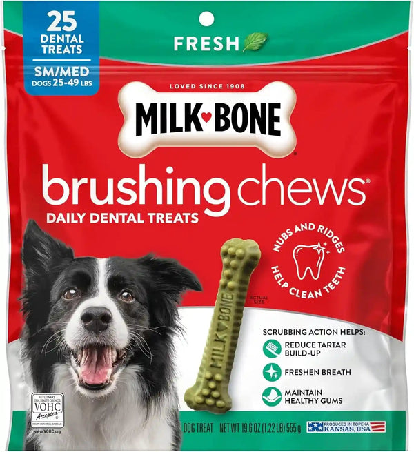 Milk-Bone Brushing Chews, Small/Medium, Fresh Flavor, 25 Dental Treats | 19.6-Oz. Bag, Daily Dental Dog Treats, for Dogs 25-49 Lbs., Fresh Mint Flavor8