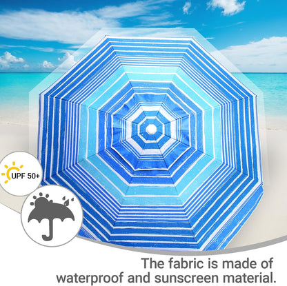 6Ft Beach Umbrella - Heavy Duty Wind Resistant UV 50+ Portable Sun Shade with Sand Anchor & Carry Bag, Outdoor Folding Umbrella for Beach, Pool, Patio, Garden (Blue Stripe) No Tilt the Sand Needs to Exceed the Spiral 6Inch6