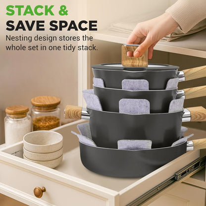 14 Pc Ceramic Cookware Set, Pots and Pans Set Non Stick, Black | Induction Safe, Cool-Touch Handles, Even Heat, Non-Stick Pans and Pots, Dishwasher Safe, Includes Spatula, Ladle, Tong3
