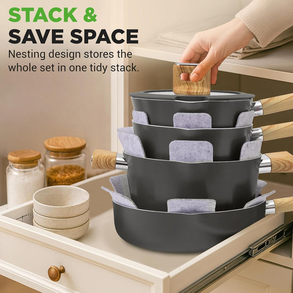 14 Pc Ceramic Cookware Set, Pots and Pans Set Non Stick, Black | Induction Safe, Cool-Touch Handles, Even Heat, Non-Stick Pans and Pots, Dishwasher Safe, Includes Spatula, Ladle, Tong3